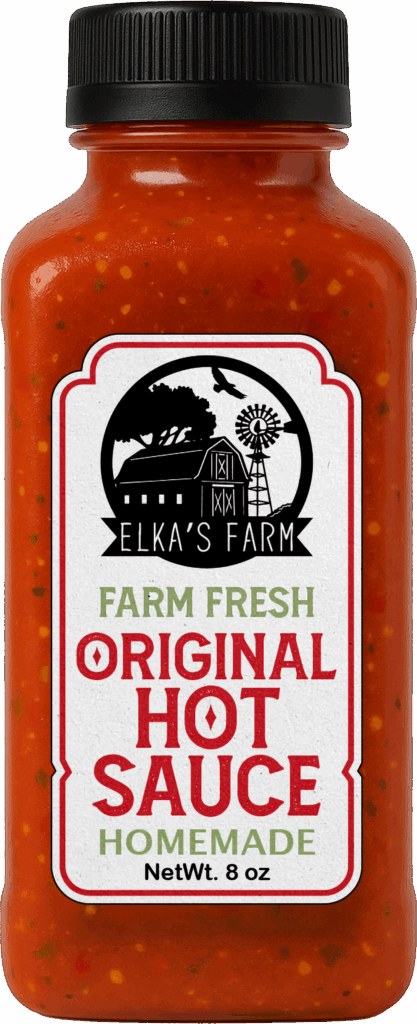 A bottle of Elka's Farm Hot sauce of 8 oz